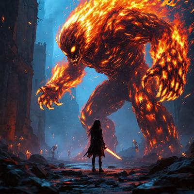 The primary subject of the image is a woman standing in front of a massive, fire-breathing monster. The setting is a dark, rocky environment, with the monster looming over the woman. The visual style appears to be a digital art or illustration, creating a dramatic and intense atmosphere. The colors in the image are predominantly dark, with the fire from the monster providing a contrasting element of brightness.